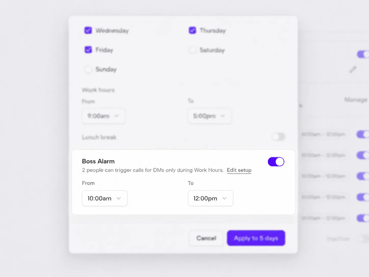 Idle Pilot schedule settings showing Work Hours and Boss Alarm active inside the schedule.